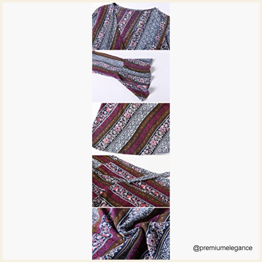 Long Sleeve Maxi Dress Wrap Tie V Neck Floral Boho Summer - Picture 6 of 7